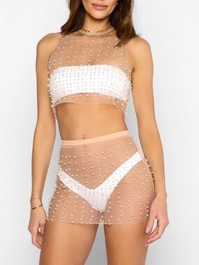 BEACH BUNNY SET Nude Sheer Tulle Mesh Pearl Crystal Top & Skirt